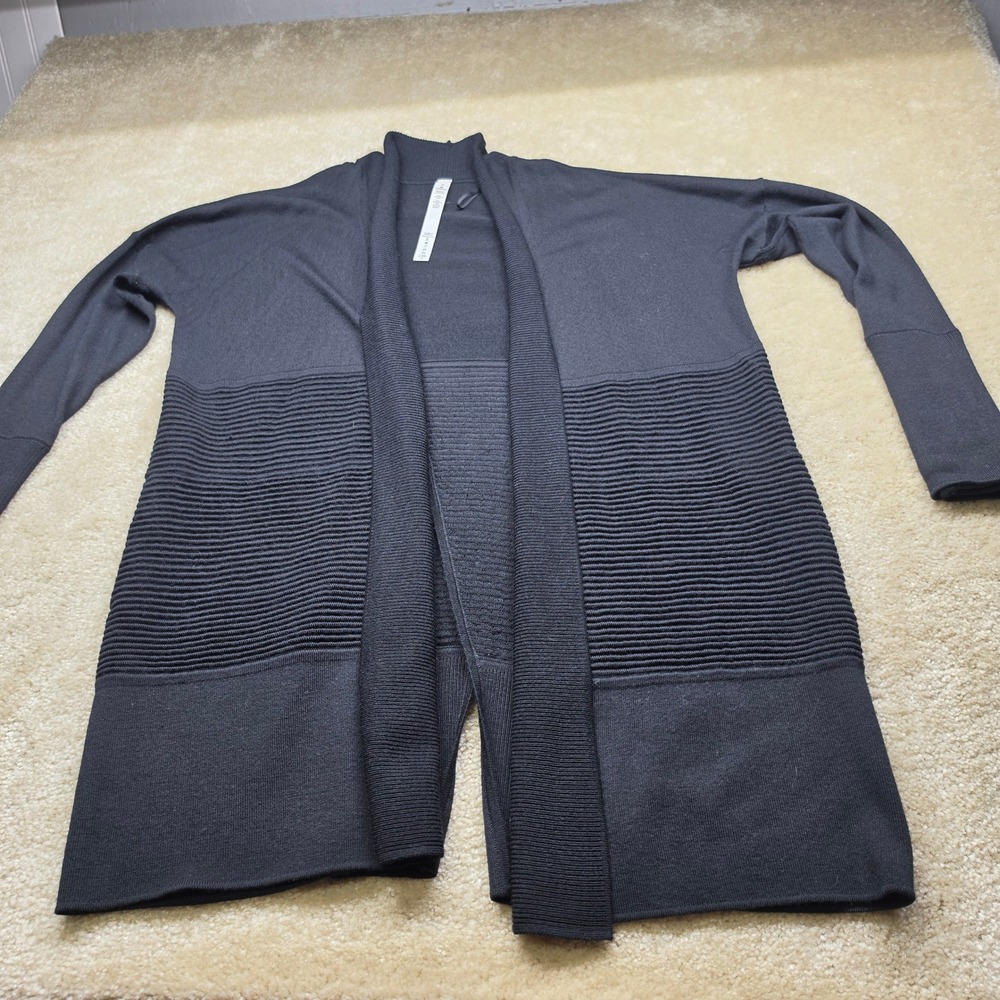 Lululemon Sit In Silence Cardigan Black 100% Merino Wool Ribbed Pockets Size 4